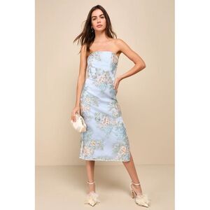 Lulu's Light Blue Floral Strapless Midi Dress